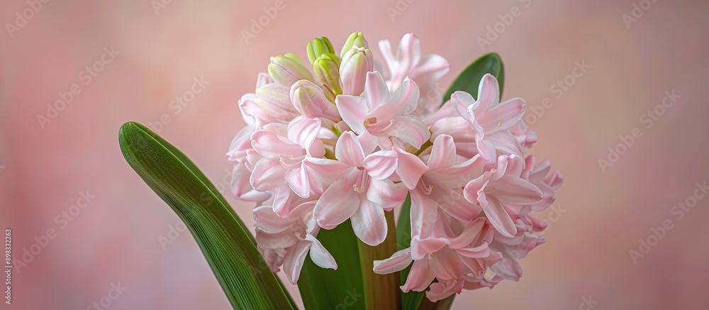 Fototapete a close up view of a delicate pastel pink hyacinth with green leaves and flower buds known as hyacin