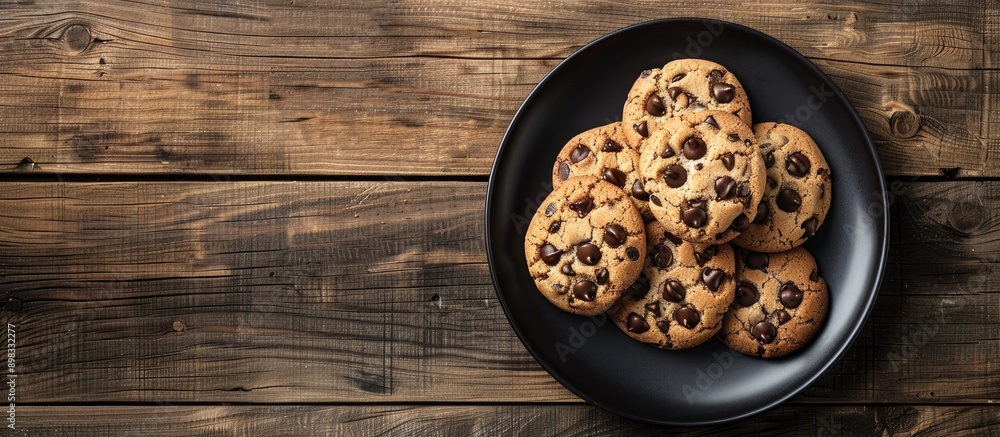 Aufkleber A black plate with chocolate chip cookies on a wooden background seen from above with a clear area for additional images on the side