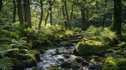 serene woodland scene babbling brook winding through lush forest sunlight filters through canopy creating dappled patterns on mosscovered rocks and ferns