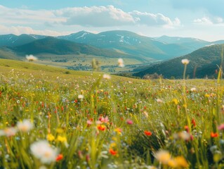 Fototapeta premium A picturesque scene of a field of wildflowers surrounded by mountains, great for outdoor and nature-themed projects