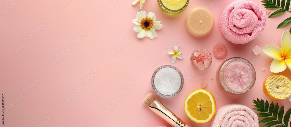 Poster Top view composition on a pink background showcasing spa and beauty products with copy space for text