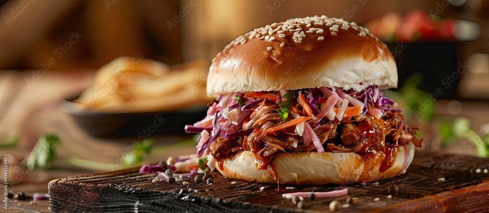 Poster Delicious gastro pub pulled pork bun with coleslaw perfect for any menu with copy space image