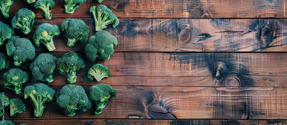 Leinwandbilder broccoli arranged on a wooden surface in a flat lay composition with copy space image