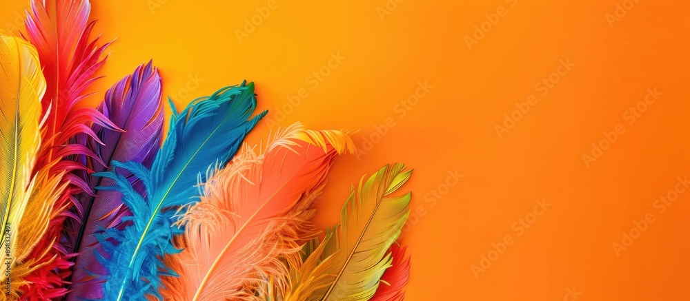 Poster colorful feathers displayed on a vibrant orange backdrop create an eye catching poster for the carni