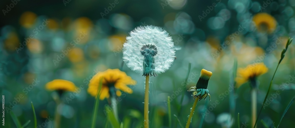 Poster close up copy space image of a dandelion with seeds in a garden