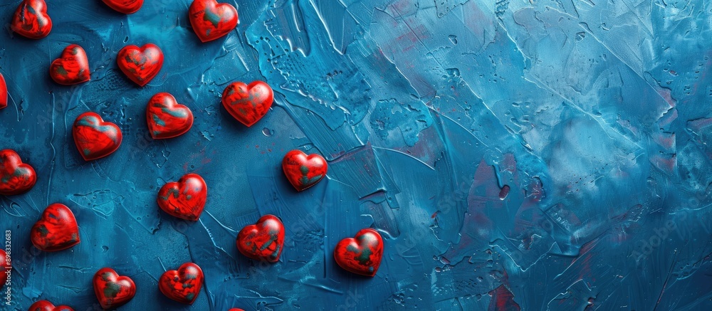 Poster Aerial perspective of numerous red hearts against a blue backdrop in a photograph with empty space for text known as a copy space image