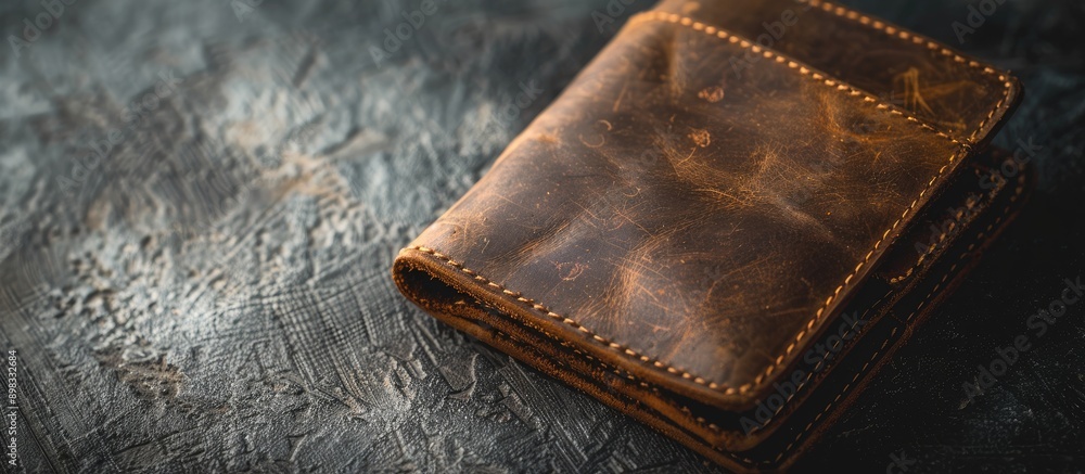 Poster Brown leather wallet fragment on a dark backdrop with copy space image