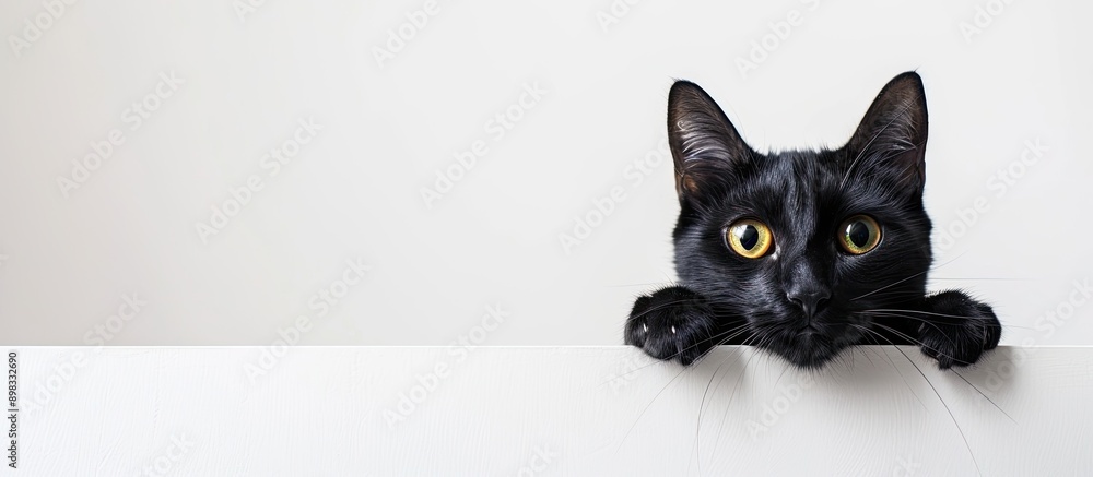 Poster Black cat with a charming appearance on a white backdrop featuring copy space image
