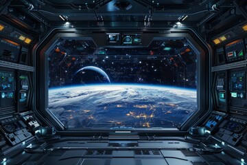 Obraz premium Space Station Window. A frame of futuristic metal and glass, with blinking lights and control panels. The center is a vast, black expanse of space with distant stars and planets