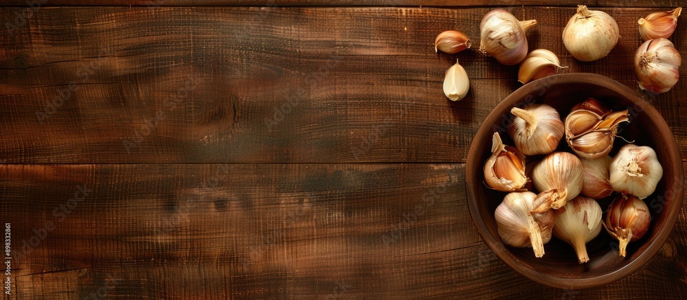 Poster a bowl filled with garlic and onion on a wooden surface with copy space image available
