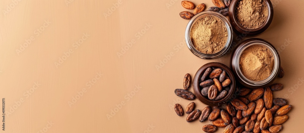 Aufkleber cocoa beans powder and chocolate jars displayed on a bright background with room for a copy space im