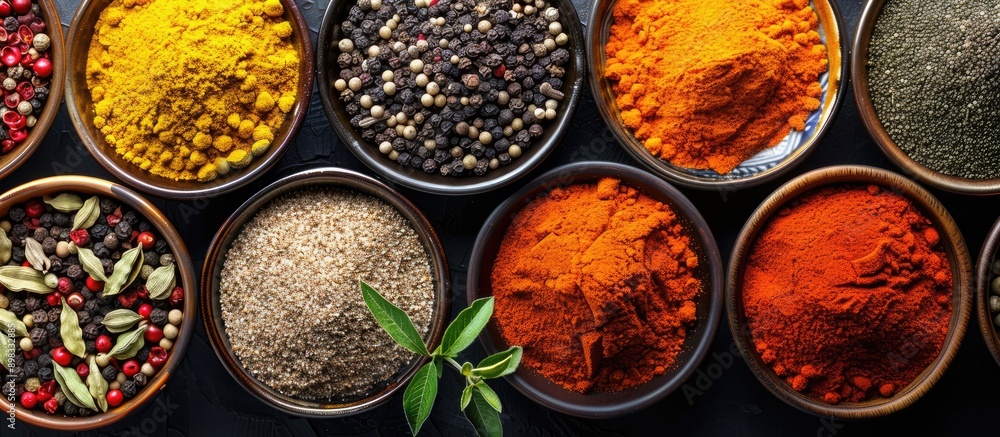 Fototapete top view of an array of vibrant spices against a black backdrop with copy space image