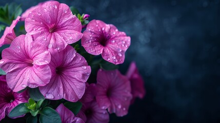  A group of pink flowers, each adorned with water droplets, positioned against a dark backdrop Green leaves and additional water droplets embellish their petals