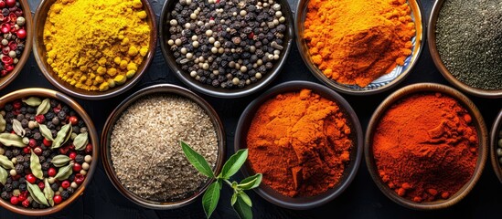 Top view of an array of vibrant spices against a black backdrop with copy space image