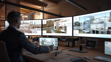 digital architecture firm where clients attend virtual site visits and design meetings, with screens showing 3D models and architectural simulations