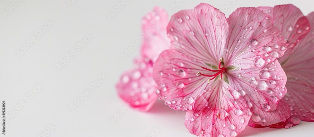 Poster close up of dew covered pink geranium flower on white background with copy space image