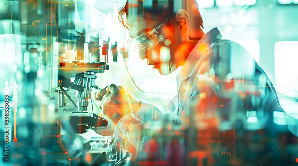 Poster double exposure of scientist analyzing data in advanced laboratory