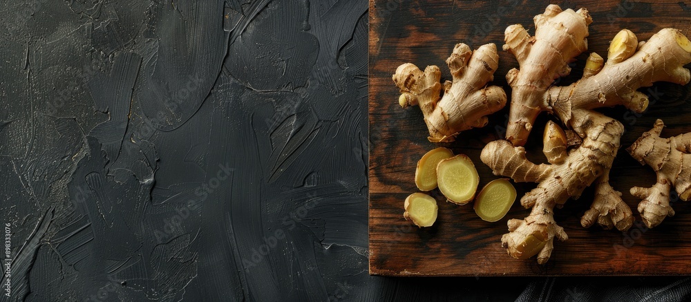 Poster Top down view of ginger on a cutting board surface with ample copy space image available