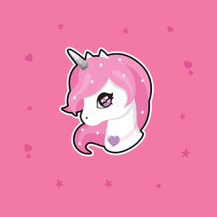 Cute cartoon character magic unicorn with rainbow horn, pink hair, flower. Vector illustration isolated on a pink background. For prints, design, posters, stickers, cards, decoration, kids clothes
