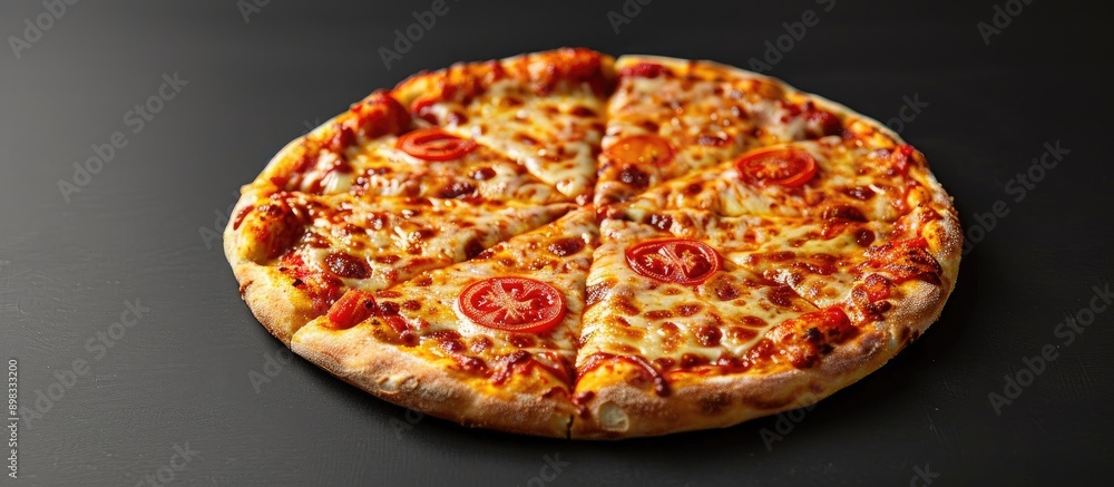 Sticker delicious double cheese and tomato pizza on a black background with copy space image