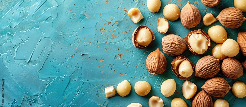 Poster A blue background sets the stage for a display of macadamia nuts in a copy space image