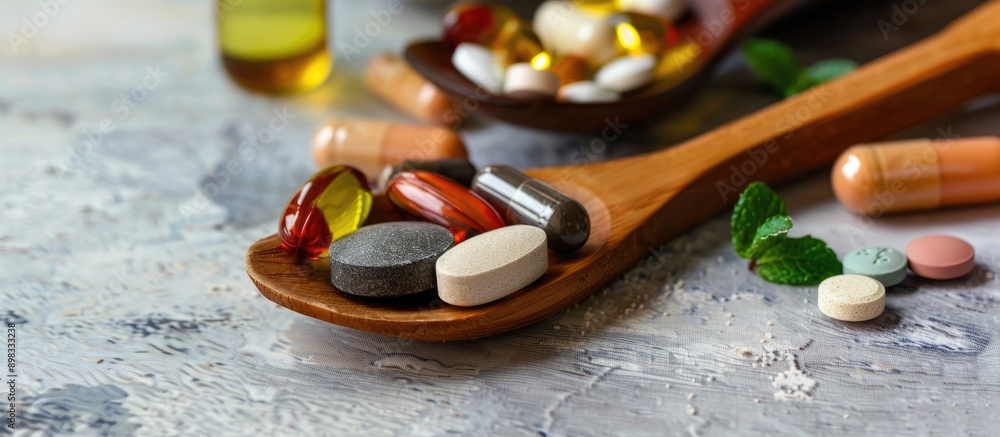 Aufkleber Close up of various dietary supplements arranged near products on a wooden spoon with an empty area for text in the background. Creative banner. Copyspace image