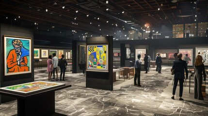 digital art auction where collectors bid on virtual pieces, with screens showing high-resolution images and auction details