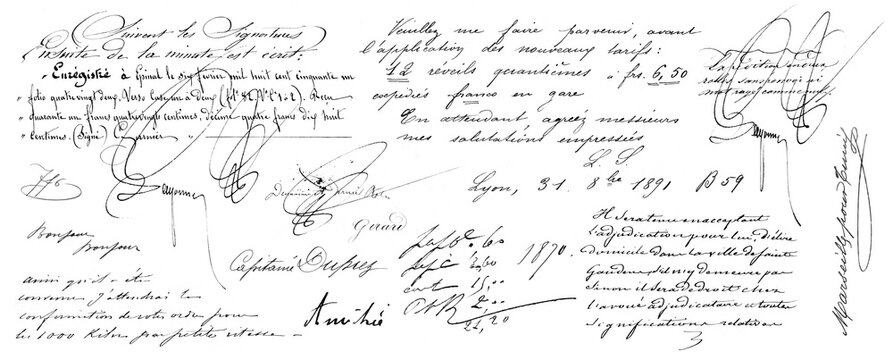 bits and pieces of antique French handwriting / calligraphy, letters, documents and ephemera from the 19th Century, isolated over a transparent background, retro journaling  or collage design elements