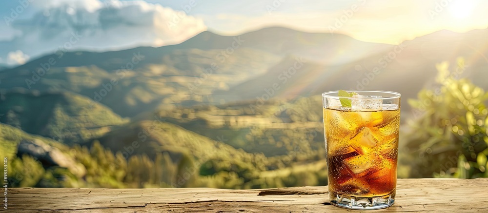 Poster cold drink on wooden table with mountain backdrop in copy space image