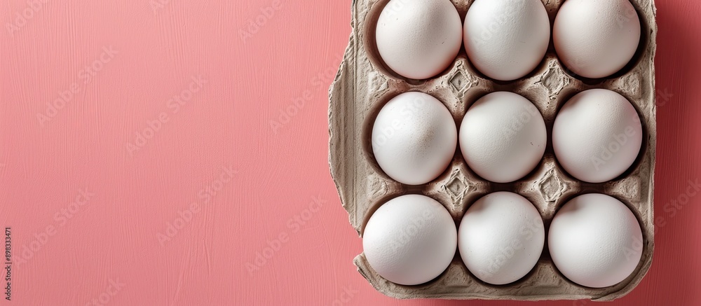 Aufkleber top view of a carton box with six white eggs on a pink paper background conveying easter joy with co