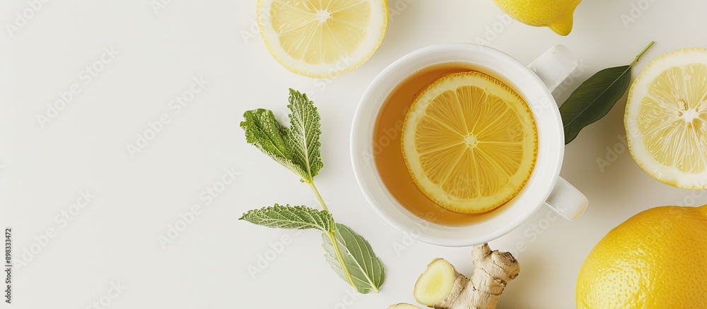 Aufkleber Close up of a warm lemon and honey drink with ginger and lemon placed next to it with a focus on prevention and treatment of flu and colds in a copy space image