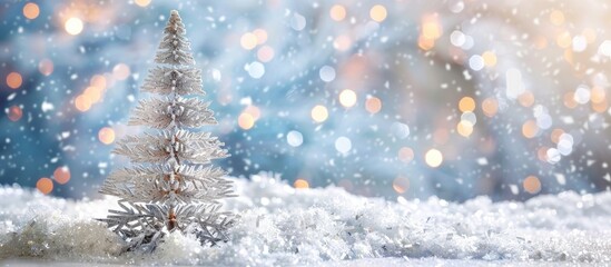 Christmas decoration shaped like a silver tree set against a backdrop of artificial snow with room for additional elements in the picture