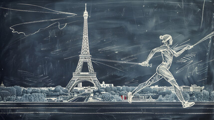 Chalkboard Hurdles: Chalk drawing style illustration of a hurdler with the Eiffel Tower in the background on a blackboard background.


