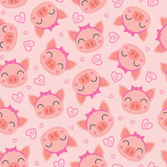 cartoon cute female pig smiling seamless pattern with transparent background