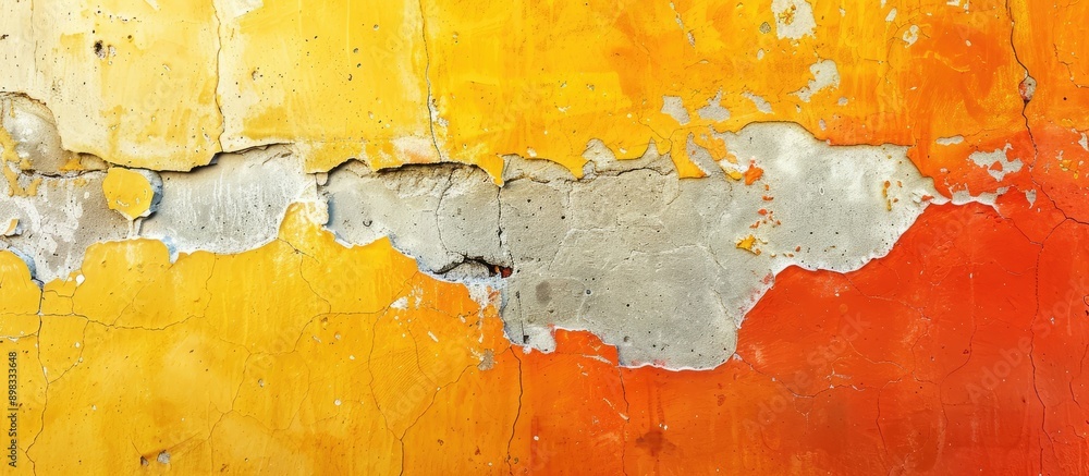 Poster aged rough concrete wall painted in vibrant orange and yellow hues with a weathered appearance and a