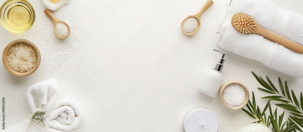 Poster flat lay composition featuring skincare products like bath salt creams towels and spa accessories on