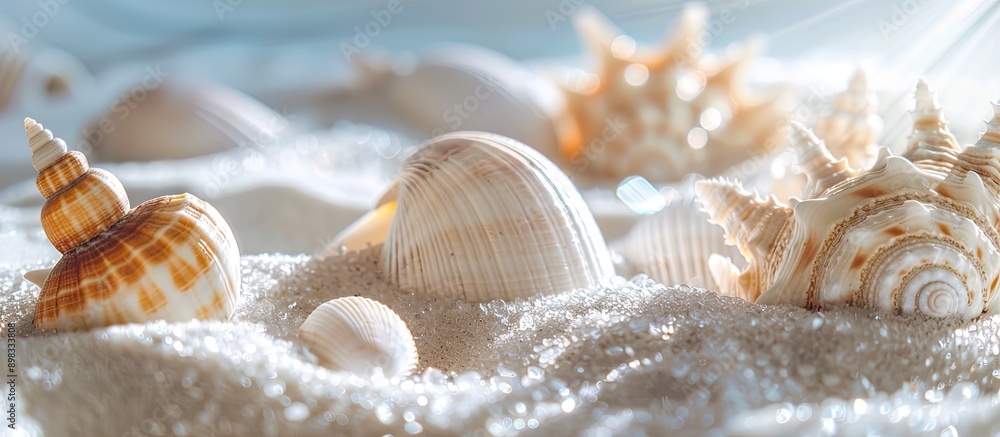 Poster close up view of seashells on white sand as the focal point in a hotel spa area with empty space for