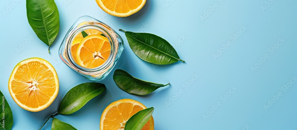 Poster cream jar with sliced orange and green leaves on blue backdrop with copy space image
