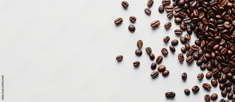 Poster coffee grains seen in a copy space image on a white surface
