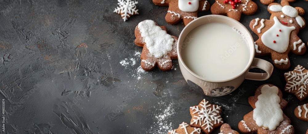 Aufkleber top view of christmas themed gingerbread sheep next to a cup of milk with ample copy space in the im