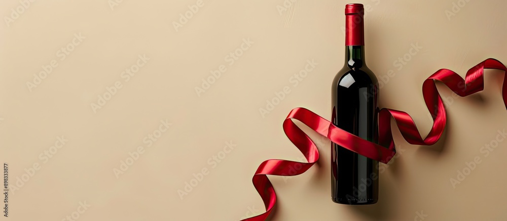 Aufkleber Top view of a bottle of red wine adorned with red satin ribbons creating a wine glass shape in an image with copy space