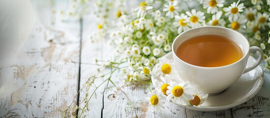 Close up of chamomile herbal tea in a cup on a white wooden table with a chamomile bouquet showcasing a copy space image for the natural healer concept and promoting herbal immunity tea