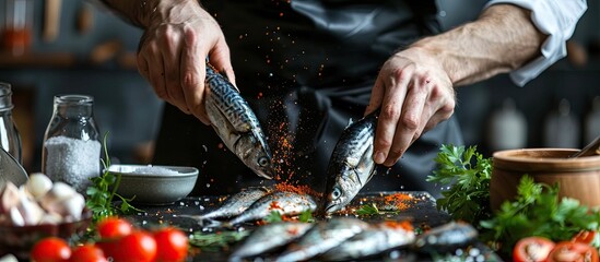 Copy space image of a cook seasoning raw mackerel with paprika and other aromatic spices before cooking them