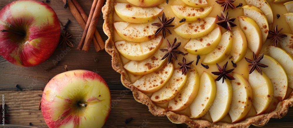 Poster close up top view of a homemade fruit tart showcasing golden crust whole and halved apples cinnamon 