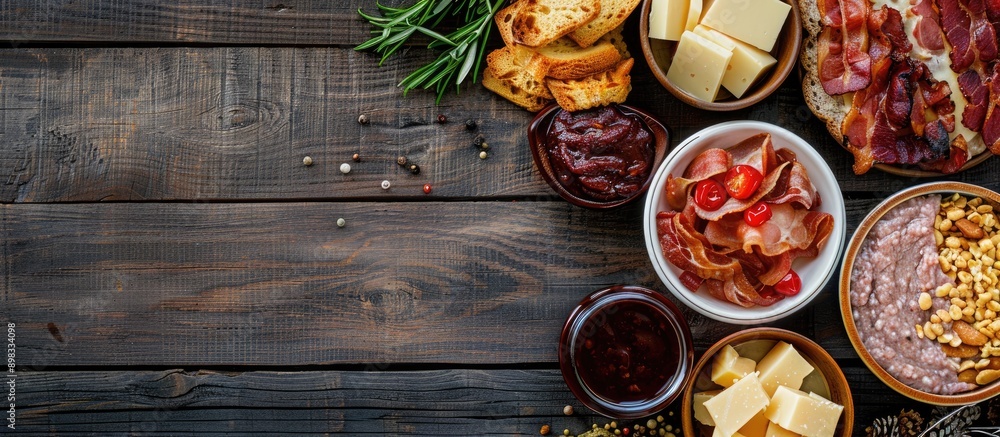 Poster Top view of cold snacks like bacon cheese and liver paste on a wooden background with ample copy space image available