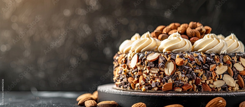 Poster Close up side view of a delectable cake featuring nuts almonds and both black and white chocolate on a dark background with ample copy space image