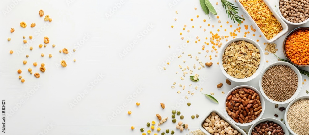 Poster assorted cereals and legumes arranged on a white backdrop with ample copy space image