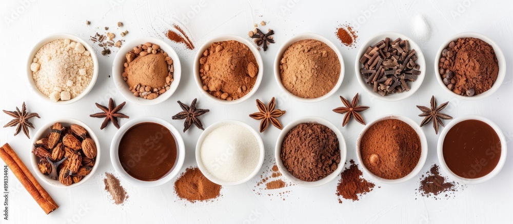 Poster Baking and dessert essentials like cinnamon cocoa sugar and spices displayed in a top view white background copy space image
