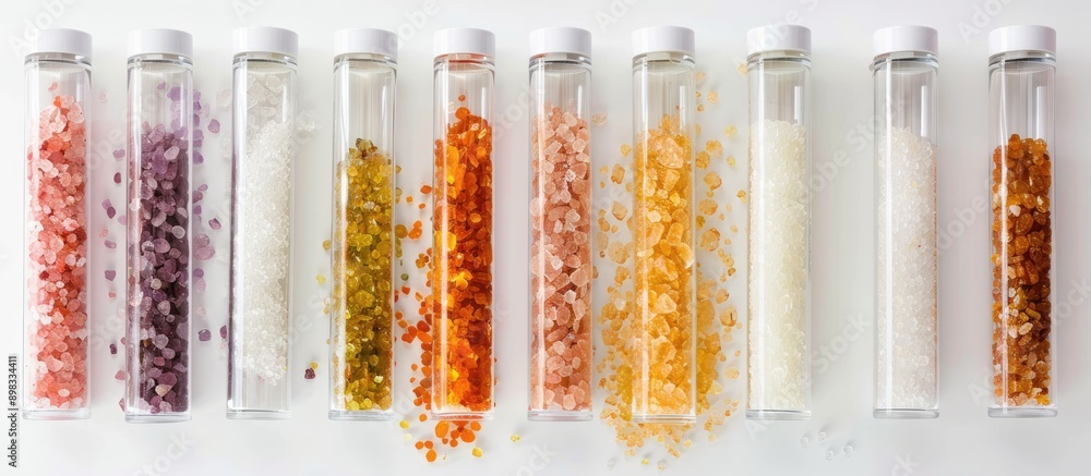 Poster different types of bath salts displayed in test tubes against a white backdrop perfect for beauty tr