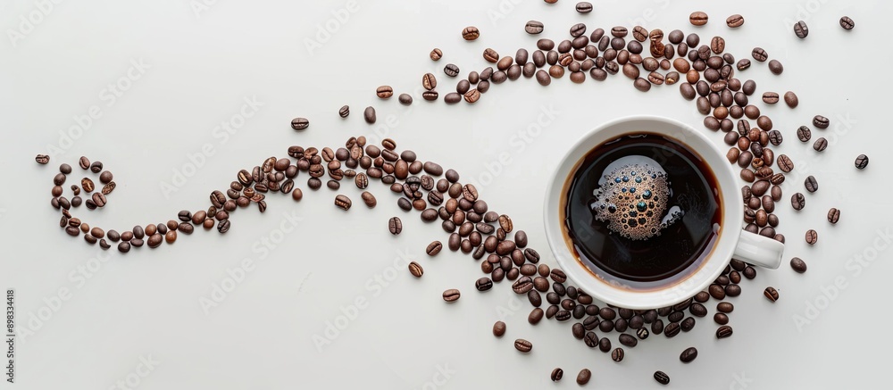 Aufkleber Top view of a cup of coffee and roasted beans arranged like a spiral galaxy on a white surface providing room for text or other images. Creative banner. Copyspace image